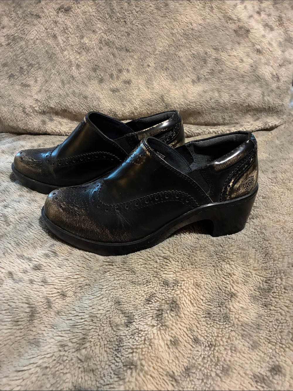Ariat Black Leather Slip-On Clogs with Brogue Detail 8.5